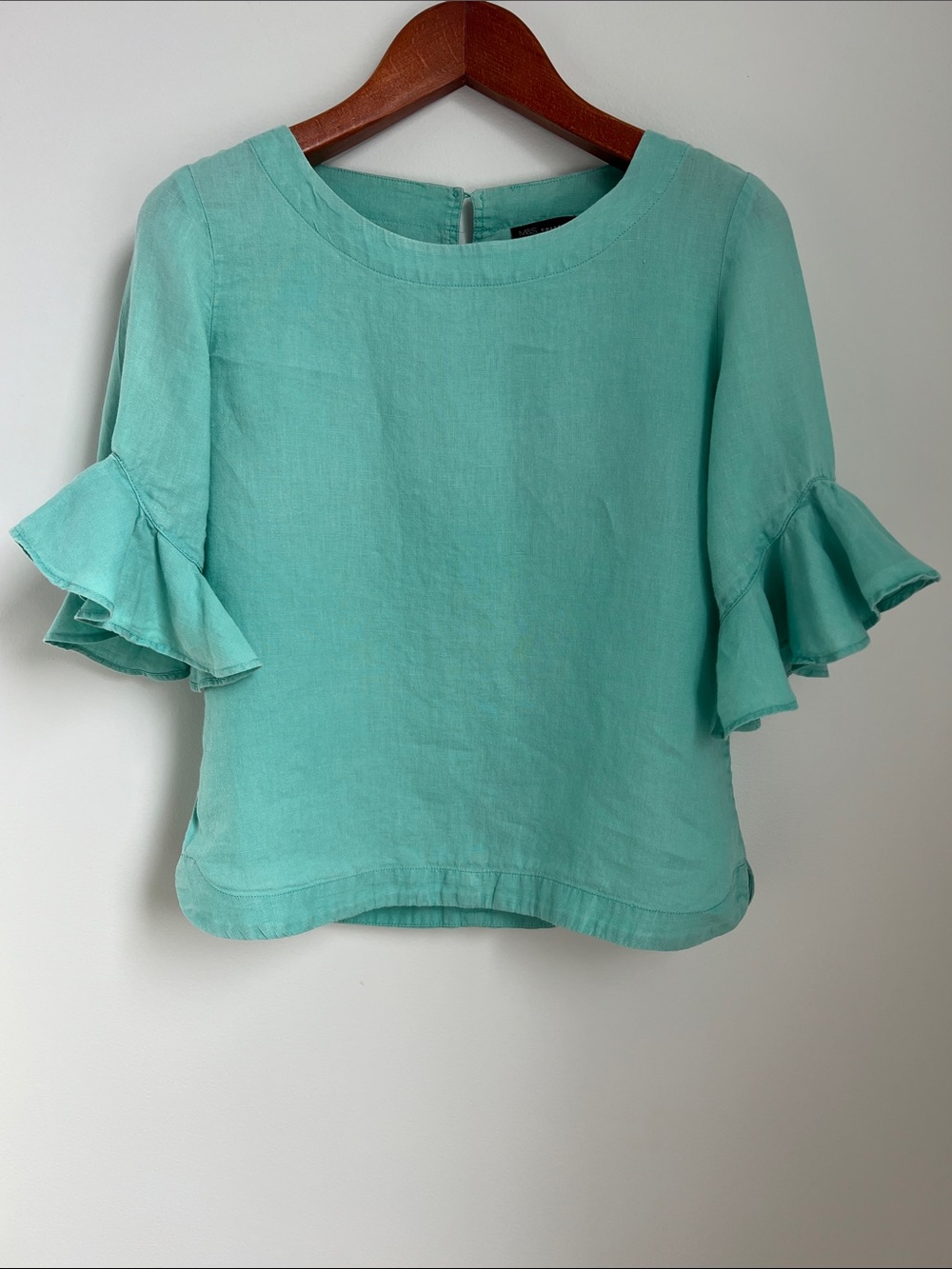 100% Linen Women’s Ruffle Sleeve Top in Aqua Size S